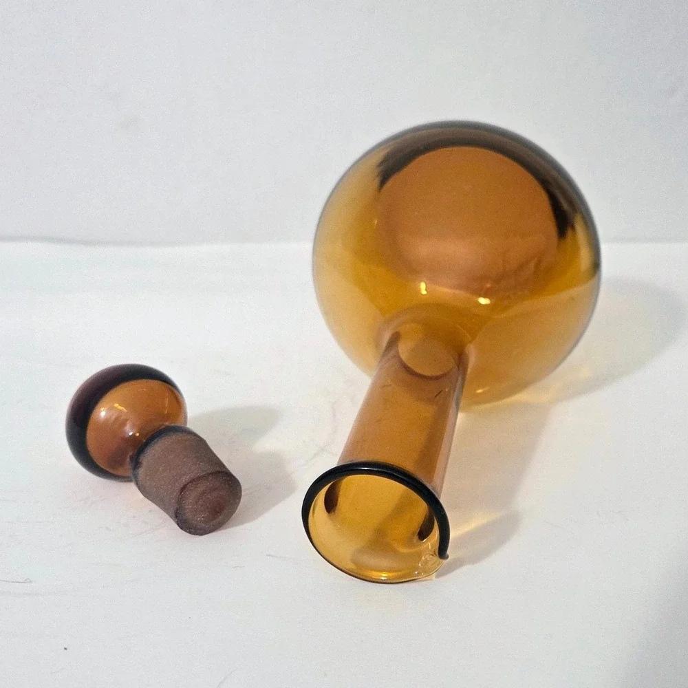 Vintage Amber Glass Decanter w/ Stopper Mid Century Modern Bottle Amber Retro